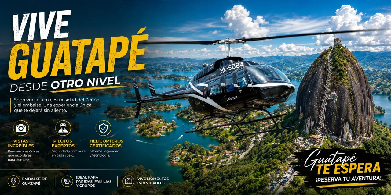 Publicidad del vuelo en helicóptero sobre Guatapé