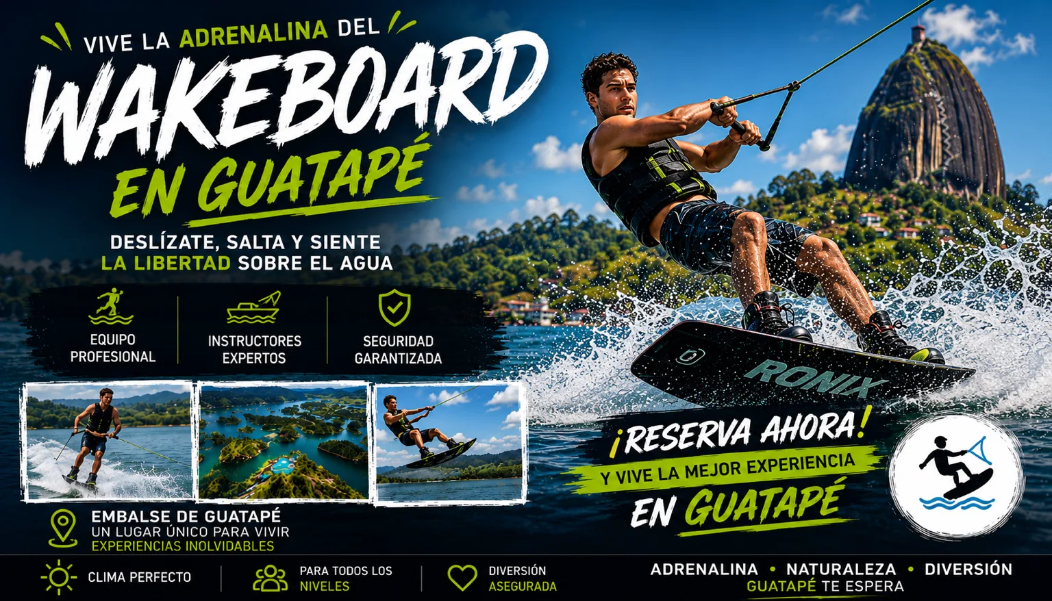 Publicidad de la experiencia de Wakeboard en Guatapé